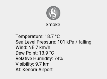 wc_kenora's tweet photo. Sat 19:00: Smoke; Temp 18.7 C; Humidity 74%; Press 101 kPa / falling. https://t.co/uO2m55coFW