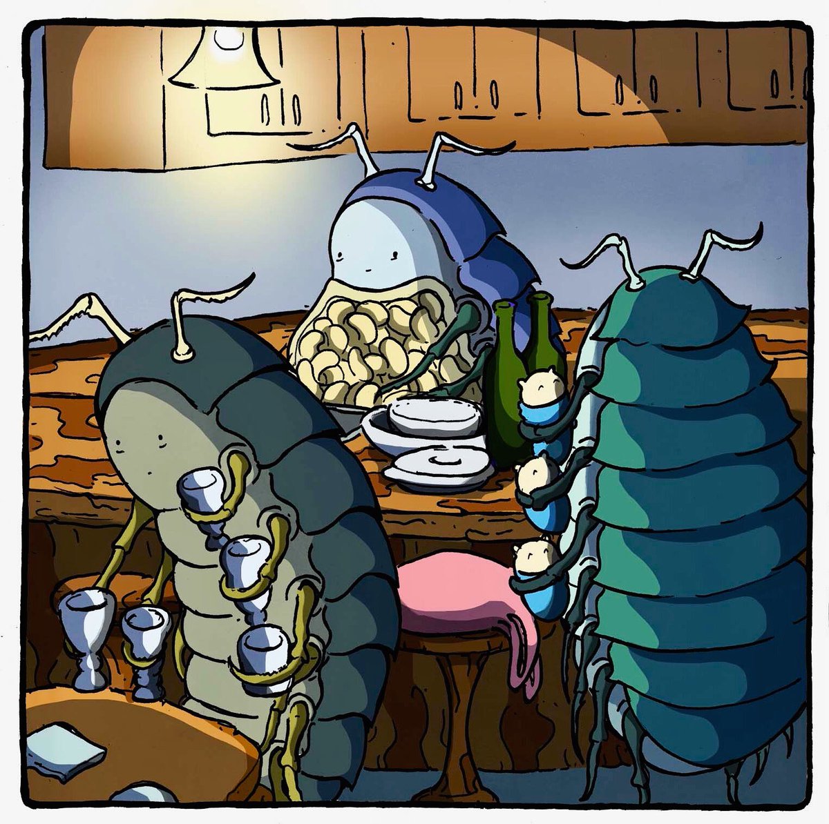 Cleaning up after a family get together 
#pillbug #pillbugs #entomologist #entomologyart #entomology #bugs #bugart #isopods #isopodart #cartoonist #graphicnovelist #graphicnovelart #comicbookart #comicbookartist #comicpanel #visitingfamily❤️ #kidlitart #kidlitillustration #comics