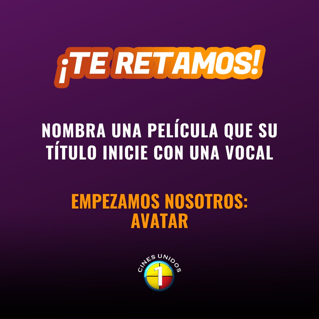 CinesUnidos's tweet photo. ¡Pongamos a trabajar la mente! 😎

Regla: No puedes repetir ninguna que ya esté comentada. 

Los leemos 👀

#CinesUnidos #CU #RetoCU https://t.co/zSBeMPtu1c