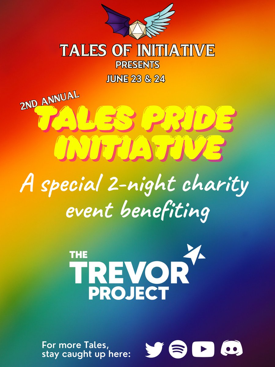 Friends! Please join us for our 2ND Annual Tales Pride Initiative Event!  

2 Nights; 3 Streams; Thirsty Sword Lesbians, Masks &amp; Glitterhearts!  

2022 we raised $1,000 over TWO NIGHTS, today we are starting our Tiltify for anyone who wants to contribute!  <a href="/TrevorProject/">The Trevor Project</a> #PRIDE