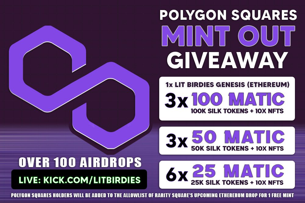 LitBirdies's tweet photo. Polygon Squares 🟪 #NFTDrop

3x 100 Matic + 50k Silk + 10 NFTs
3x 50 Matic + 20k Silk + 5 NFTs
6x  25 Matic + 10k Silk + 3 #NFTs

Mint Is Live 👇 OpenSea Drops
https://t.co/P4QsWE33d6

🟪 Rarity 1-10 = Lit Birdies (ETH)
#nftcommunity #nft #airdrops
#nftart #minting #nftgiveaway https://t.co/UTgePBkZgn