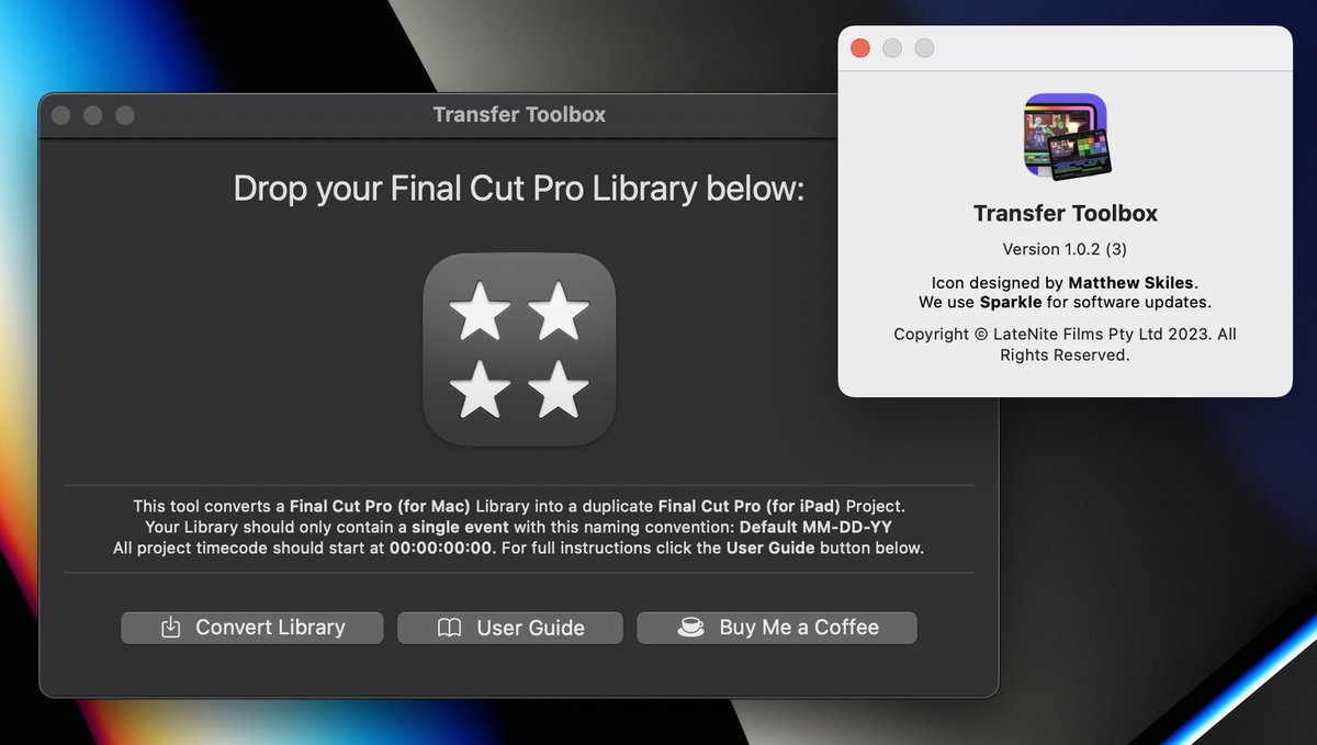 Transfer Toolbox v1.0.2 is out now, and it's now free!

Convert Final Cut Pro (for Mac) Libraries into Final Cut Pro (for iPad) Projects!

Icon by the amazing <a href="/matthewskiles/">Matthew Skiles</a>.

transfertoolbox.io

#fcpx #postchat #buymeacoffee
