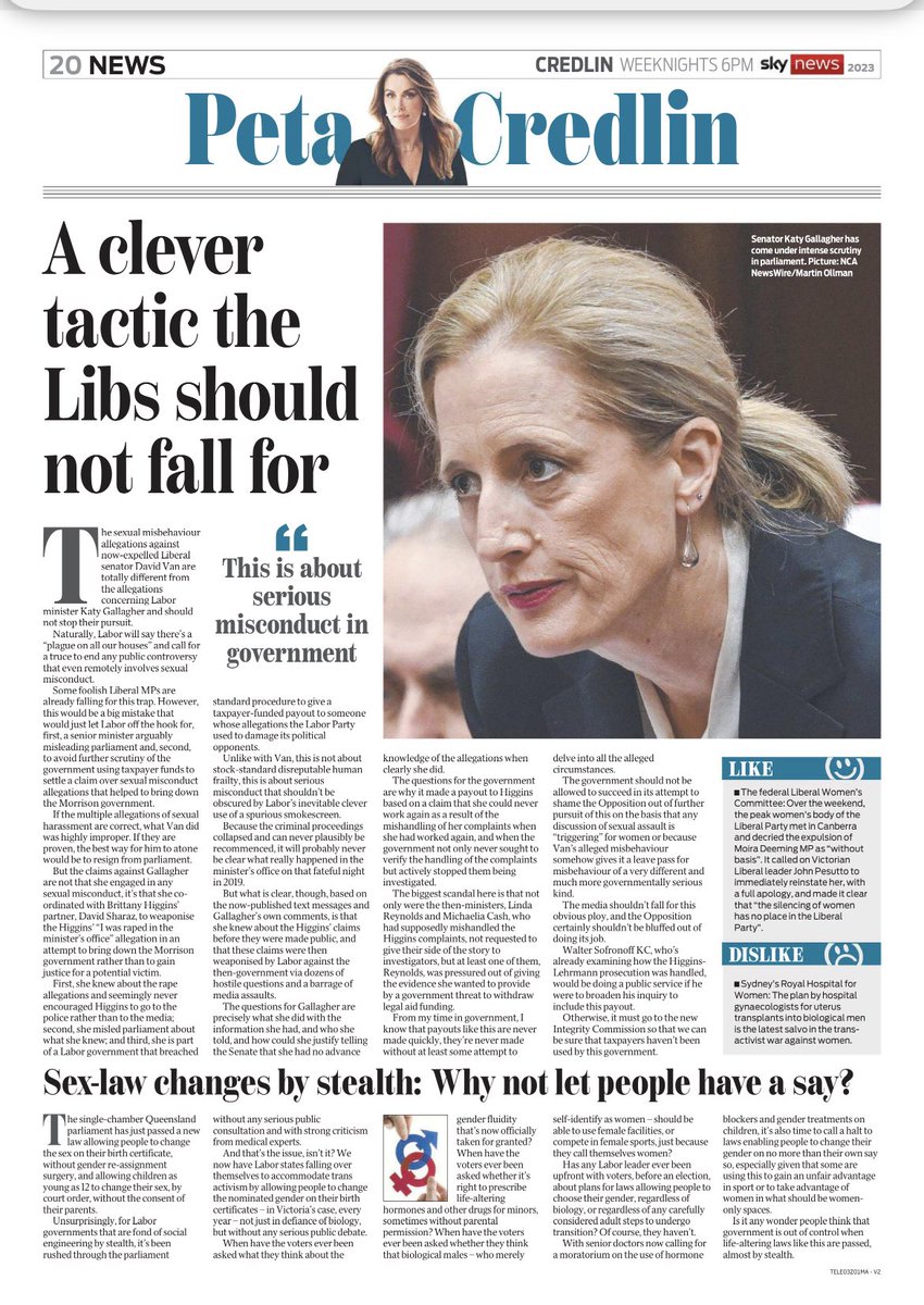 A CLEVER TACTIC THE LIBS SHOULD NOT FALL FOR

The sexual misbehaviour allegations against now-expelled Liberal senator David Van are totally different from the allegations concerning Labor minister Katy Gallagher and should not stop their pursuit. #Credlin