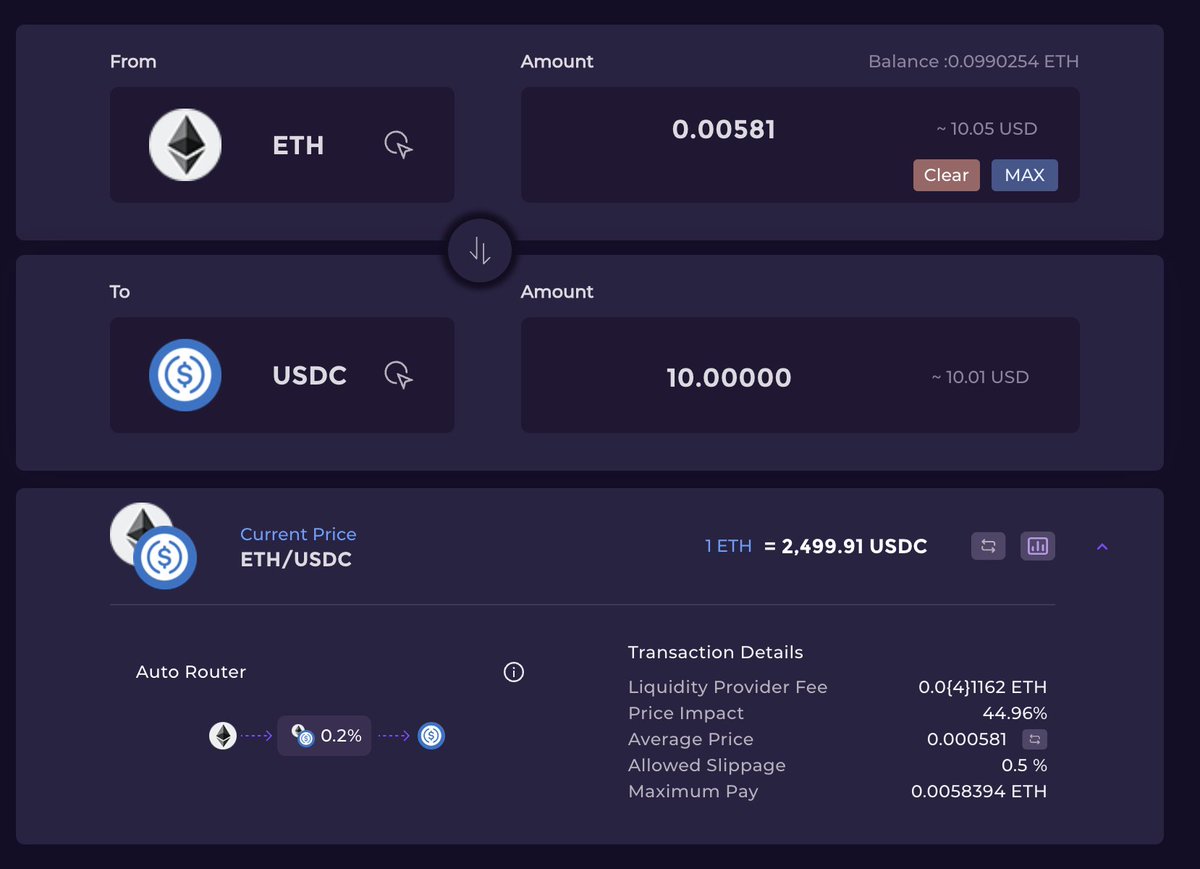 _DisZsiD_'s tweet image. hey @izumi_Finance ,
when swapping i see the stats are kinda weird, swap price and the impact on the price and it throws me an error about the price impact over 40% but not technically it is