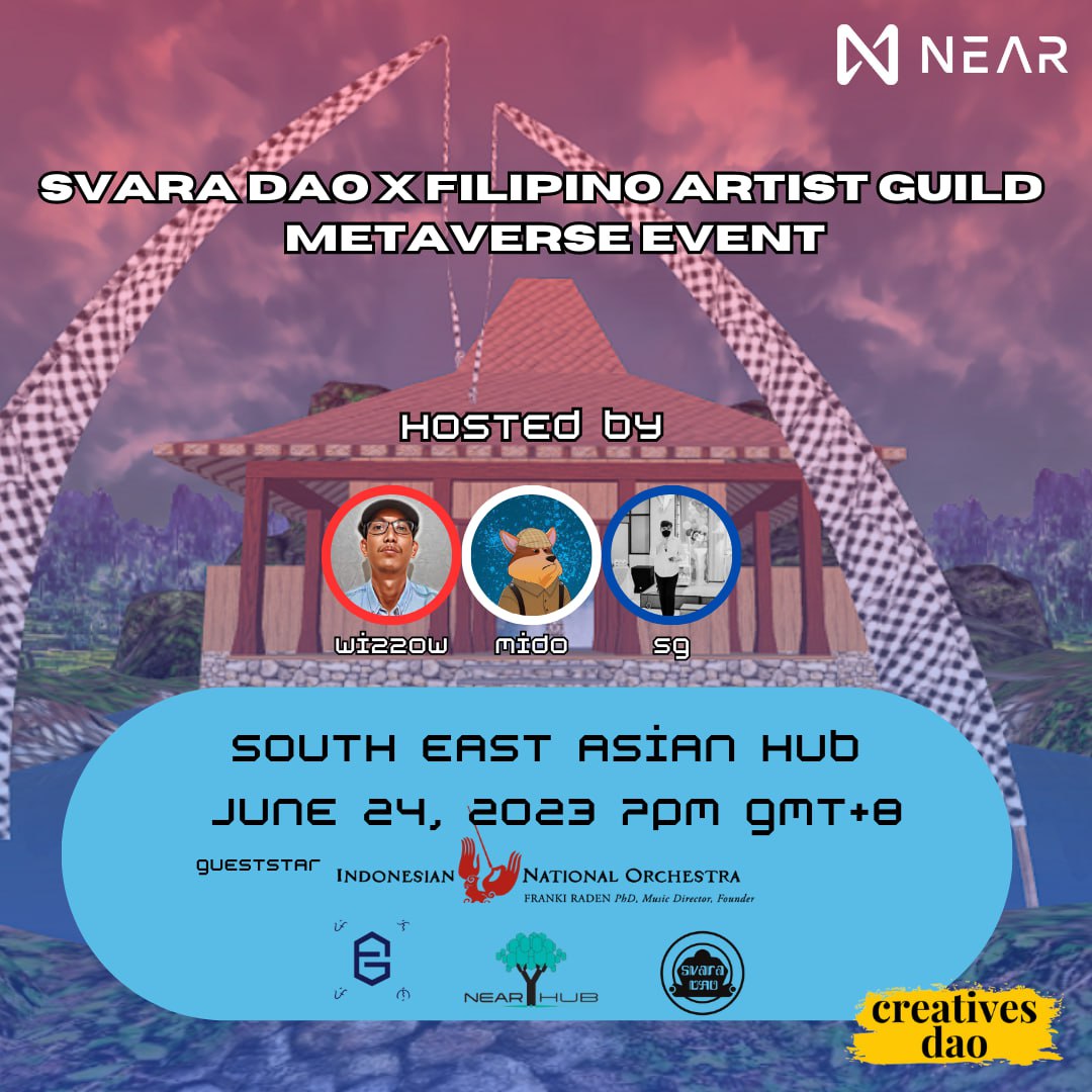 Step into the immersive world of art at the Metaverse Exhibit hosted by <a href="/svaradao/">svaradao</a> and the Filipino Artist Guild!
Join us on Saturday, June 24, at 7pm as we explore a new dimension of creativity, empowered by <a href="/NEARHub_online/">NEAR Hub</a>. 
Don't miss out on this unforgettable experience!