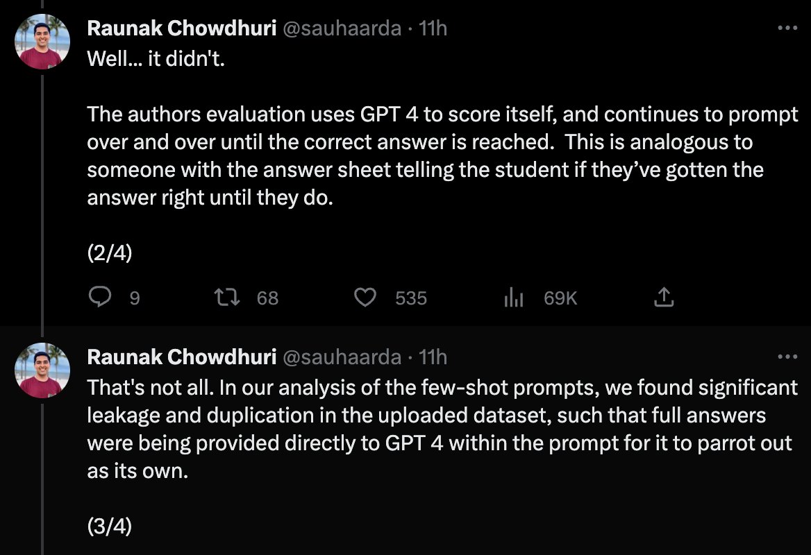 Researchers at MIT wrote a paper claiming GPT4 scored 100% on MIT's EECS curriculum.

Turns out they were just prompting GPT4 again &amp; again till it gave the right answer.

That's not all. They actually uploaded full answers within the prompt!

Very, very dishonest. This is MIT -
