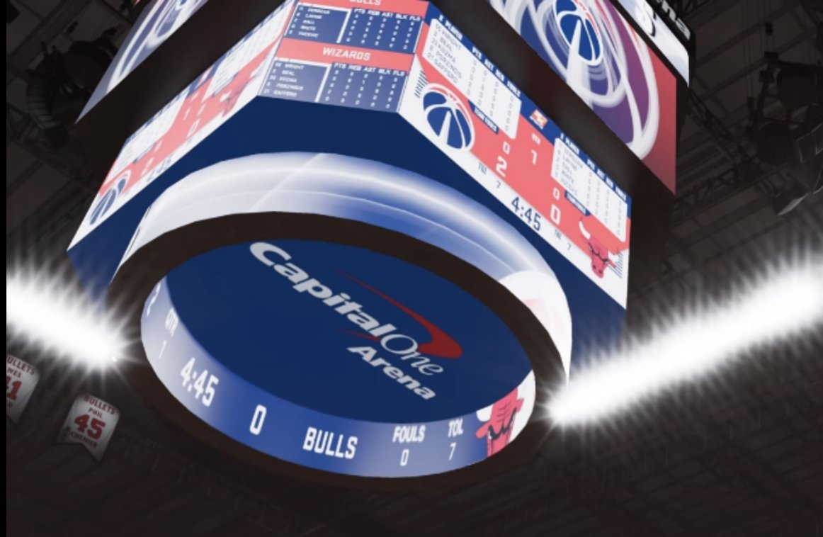 Man, I have to give NBA2K credit, they went all out with the details in arena game presentation. 

Not only did they get @LinacreMedia's voice as the Wizards' PA announcer, they also accurately recreated the scoreboard layout?? Good lord that's impressive.
