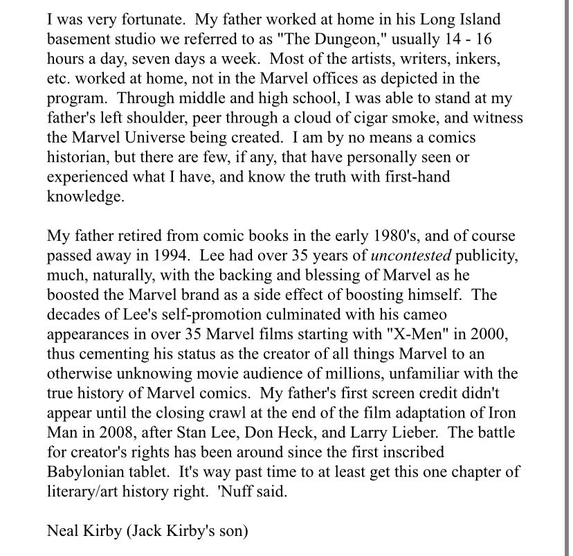 Neal Kirby, Jack Kirby’s son, has released a statement about the ‘STAN LEE’ documentary

“Are we to assume Lee had a hand in creating every Marvel character? Are we to assume it was never the other co-creator that walked into Lee’s office and said ‘Stan, I have a great idea…’”