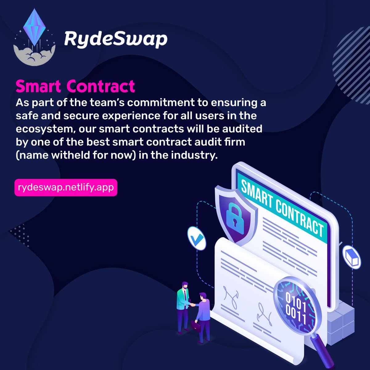 🔍 As part of the team's commitment to ensuring a safe and secure experience for all users in the ecosystem, our smart contracts will be audited by one of the best smart contract audit firm (name witheld for now) in the industry. 

#RydeSwap #CryptoInvesting #CryptoNews