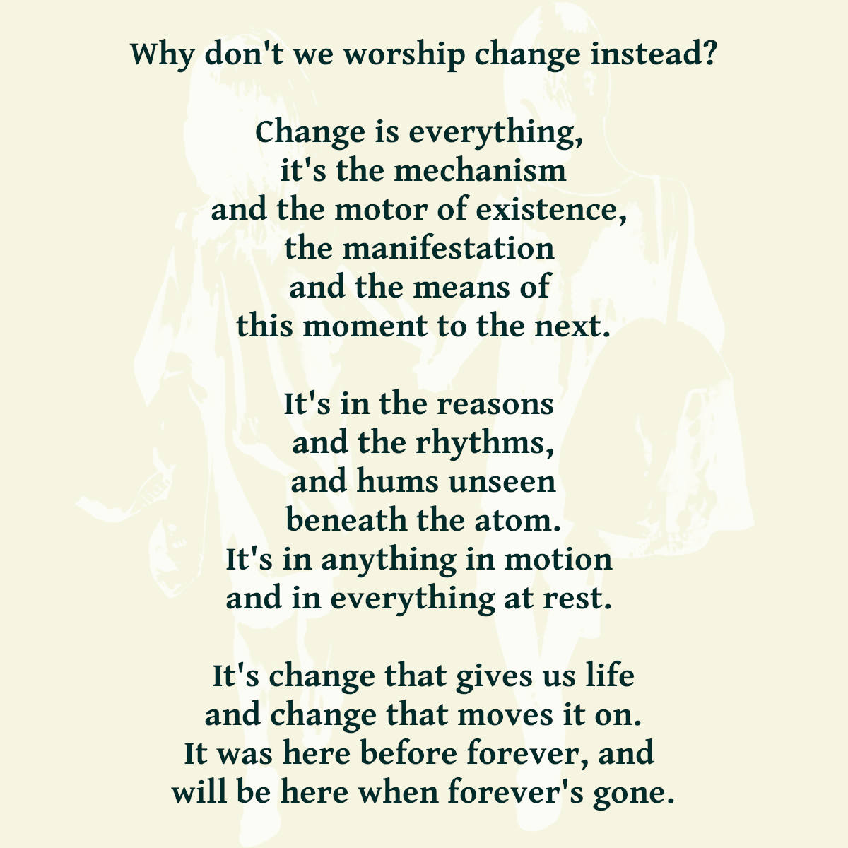 Why don't we worship change instead?

Are you where you want to be?                                            
Plan to Change                                               
paralosdos.com/change 

#comics #comicstrips #life #Space #poetry #MoveMePoetry #change