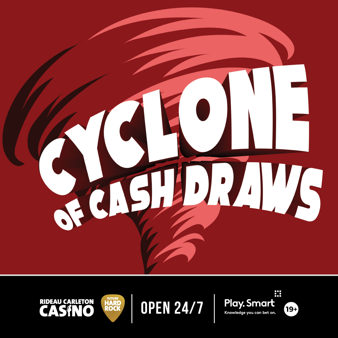 We’re giving you the chance to hop in the Cyclone of Cash and win what you catch in free play or match play. 🌪️ 

Plus, catch the golden ticket and win a BONUS $500 in free play or match play!
#CycloneofCash #RideauCarletonCasino #PlaySmart #JouezSensé #19+