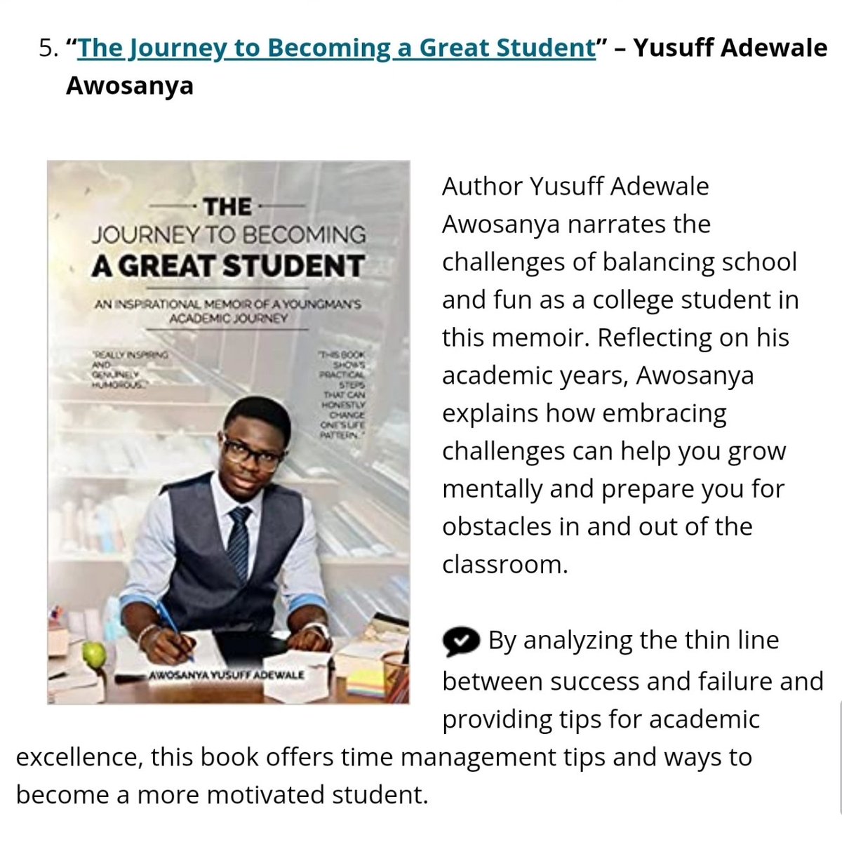 Thank you Texas University for the recognition <a href="/tamu/">Texas A&M University</a> 🙏🏽. I do not take it for granted. Being recognised as one of the 5 Black authors in your article motivates me to do more. Thanks.

#Top5 recommended books for Black History Month.

#latepost #thejourneytobecomingagreatstudent