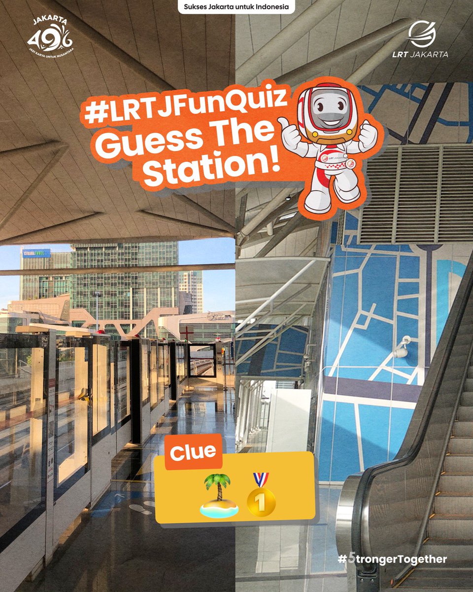 lrtjkt's tweet photo. Hallo Sahabat LRTJ. Selamat berakhir pekan🥳🥳

MinLRTJ punya tebak-tebakan nih buat menguji pengetahuan kalian soal stasiun-stasiun LRT Jakarta. Kira-kira ada yang bisa tebak Stasiun dari clue di atas kah?​

Yuk, komen di bawah ini yaaa🤩​

#LRTJKT #LRTJakarta #5trongerTogether https://t.co/mjAp0Vks7G
