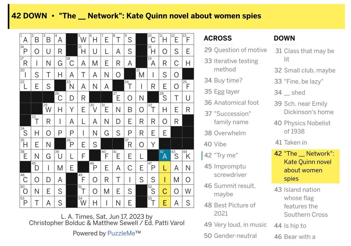 Hey @KateQuinnAuthor, your fantastic novel #TheAliceNetwork is 42 Down in today's LA Times crossword! (Spoiler alert if you haven't done the puzzle yet!)