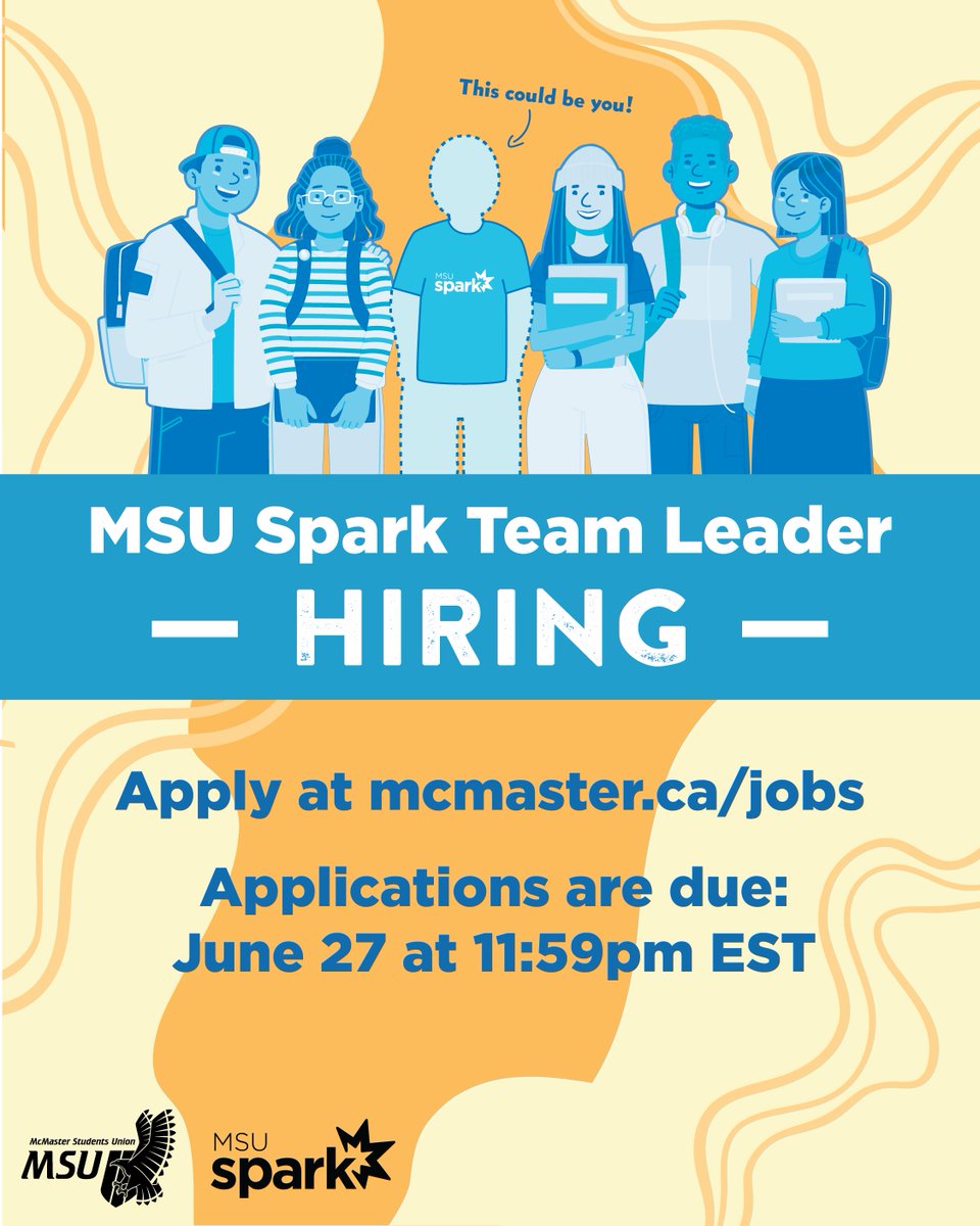 We are excited to announce MSU Spark is now hiring Team Leaders! 💙💛✨
Applications are NOW OPEN at msumcmaster.ca/jobs until June 27th at 11:59 PM EST. No prior MSU or Spark experience is required.

An ONGOING Spark lanyard GIVEAWAY can also be found on our Instagram!🌟💫