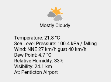 Sat 18:00: Mostly Cloudy; Temp 21.8 C; Wind NNE 27 km/h gust 40 km/h; Humidity 33%; Press 100.4 kPa / falling.