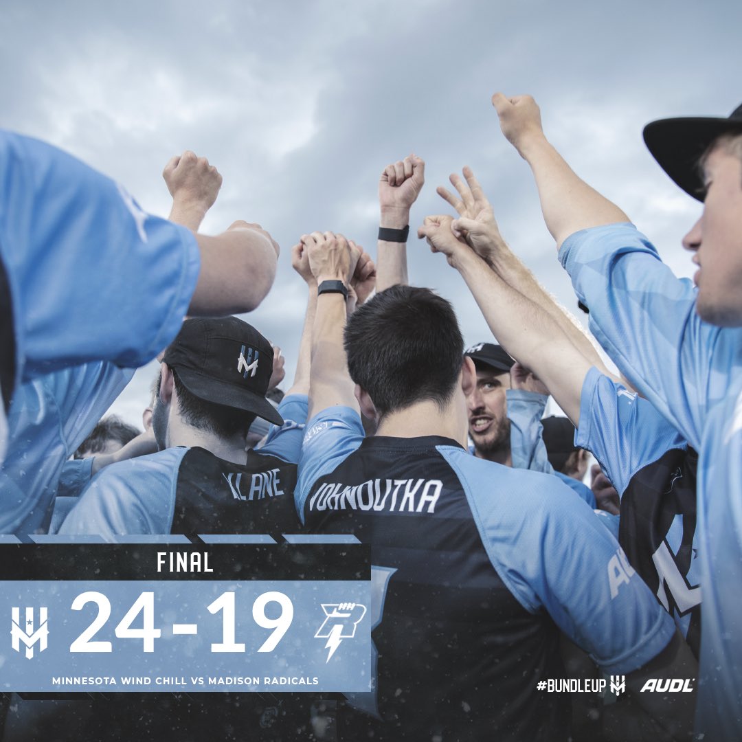 Final from Madison. The Wind Chill pick up their 6 win of the season and maintain their spot at the top of the division. They will head to Colorado for a big non-conference game against the Summit. Onward. ❄️

#bundleup #letsgochill #AUDL2023