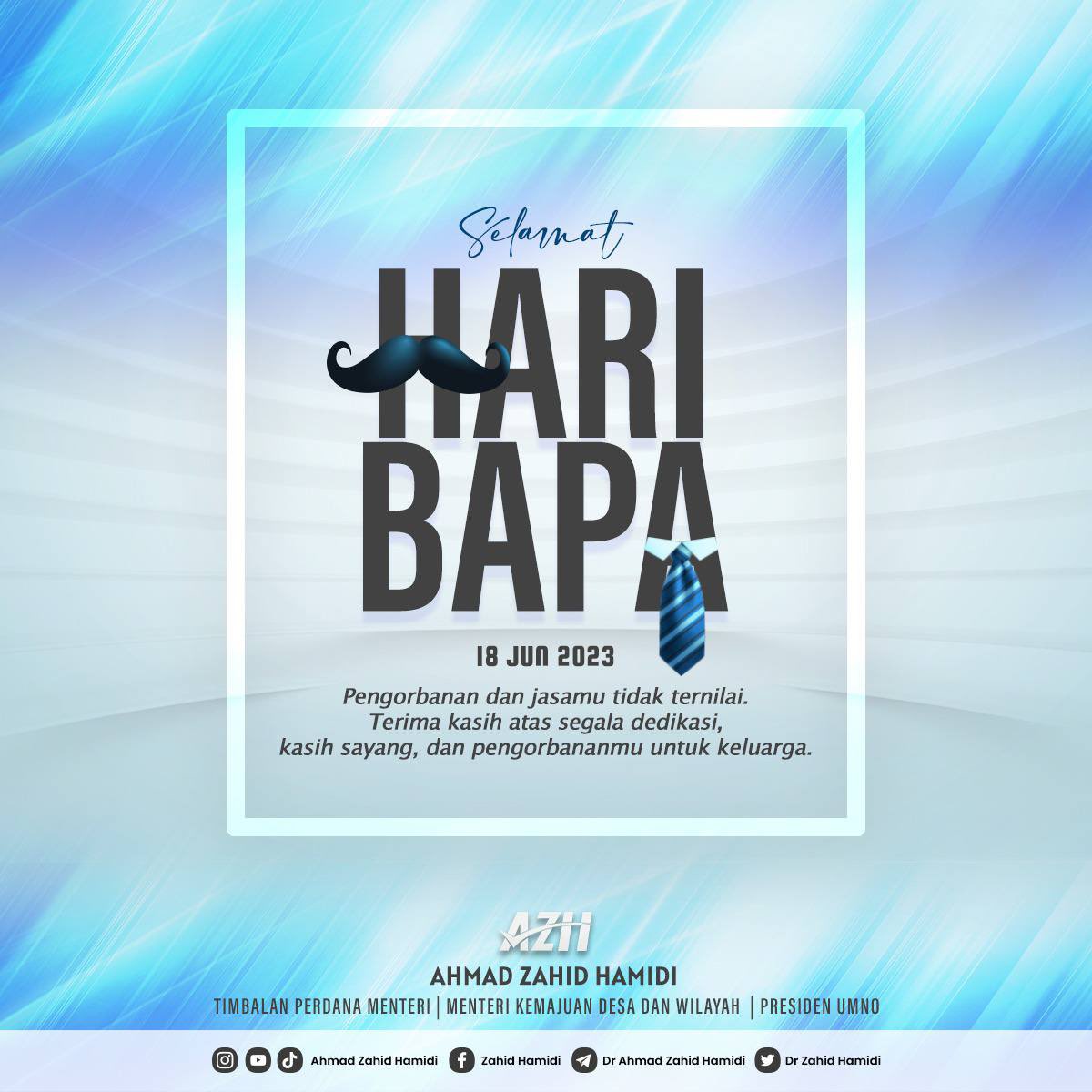 Selamat Hari Bapa kepada semua insan yang bergelar bapa. 

Jasamu terlalu besar nilainya. Dedikasi dan kasih sayangmu adalah pengorbanan yang tidak terhingga. Terima kasih kerana menjadi pamangkin dan inspirasi kepada pembangunan modal insan negara.