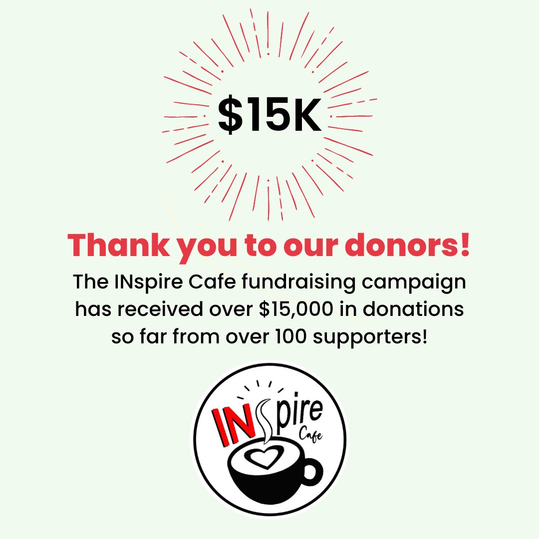 The INspire Cafe fundraising campaign has officially received over $15,000 in donations so far from 100 supporters! Thank you to all of our generous donors! This is a fantastic start and we know it will inspire others to contribute as well. We can’t wait to hit the next milestone