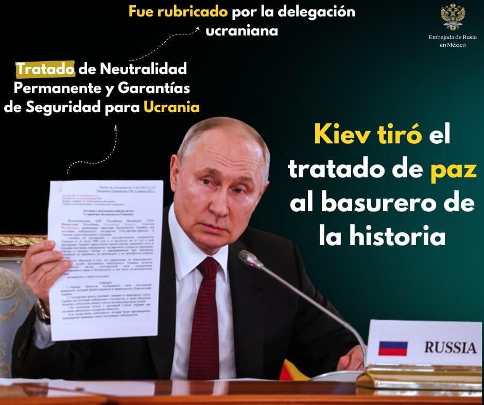 🇷🇺Vladimir Putin mostró un borrador rubricado del tratado con Ucrania, que se estaba preparando en marzo de 2022 en Estambul.

Se titula así: Tratado de Neutralidad Permanente y Garantías de Seguridad para Ucrania.

❗️Tras la retirada de las tropas rusas de Kiev conforme a los