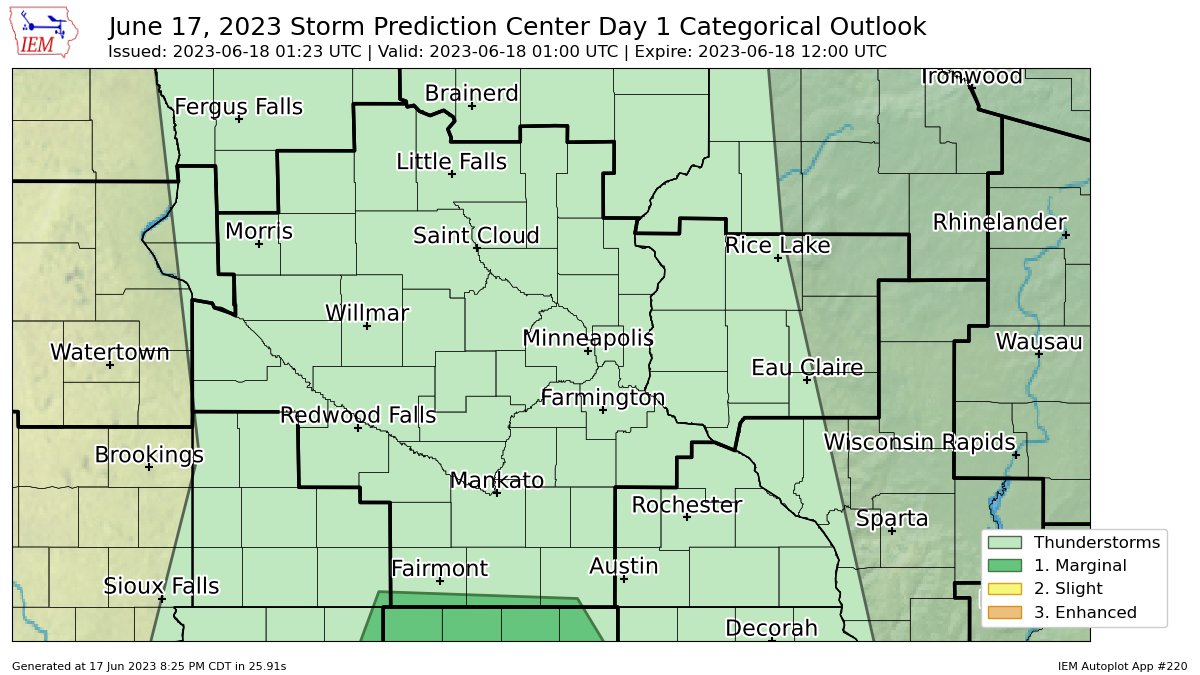 SPC issues Day 1 Marginal Convective Risk at Jun 18, 1:23z for MPX spc.noaa.gov/products/outlo…