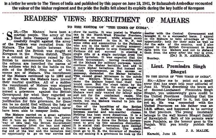 18th June #TheDayInHistory 

#OTD in 1941, a letter written by Dr #BabaSahebAmbeskar was published in 'The Times of India' newspaper. In this letter #DrAmbedkar emphasised on the significant role played by the ‘Untouchables’, including the Mahars, in the British Army.