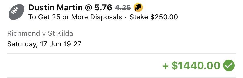 🐯Tipped Dusty 25+ to my premium group earlier in the week @ $4.50💰
Had to double down personally when I saw an account with a Powerplay. Way too good of a spot not to slam this line💸
Congrats Dusty believers!🍫📈
#AFLTigersSaints #AFL