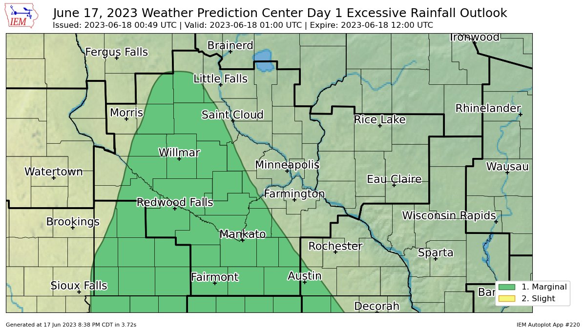 WPC issues Day 1 Marginal Risk Excessive Rainfall Outlook at Jun 18, 0:49z for MPX wpc.ncep.noaa.gov/archives/web_p…