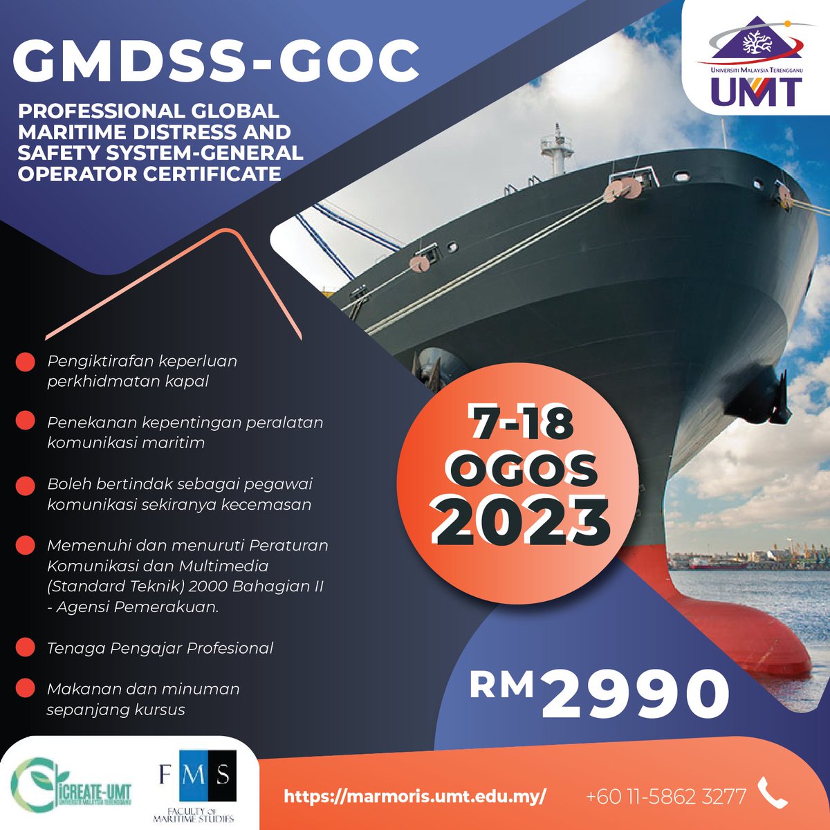 IcreateU's tweet image. *KURSUS PROFESIONAL GMDSS-GOC*
---
📷Akan diadakan di Makmal GMDSS, Universiti Malaysia Terengganu.
📷7 - 18 Ogos 2023.

---
*📷Hubungi iCreate-UMT:*
+6011-58623277
atau tempah di laman web Marmoris Link: marmoris.umt.edu.my/.../kursus-pro…...
#icreateUMT #UMTincomeCreator #UMTsohor