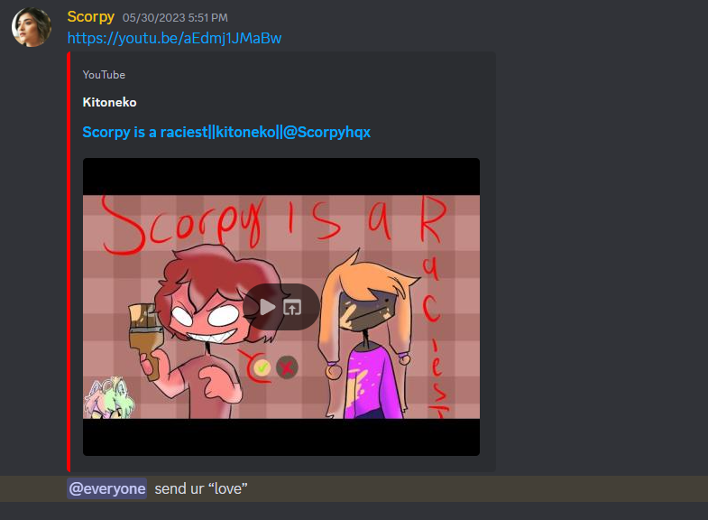 CosplayAlbino's tweet photo. ScorpyHQ telling his fans to harass other youtubers talking about cat discord video. https://t.co/ZisWAG9k4B