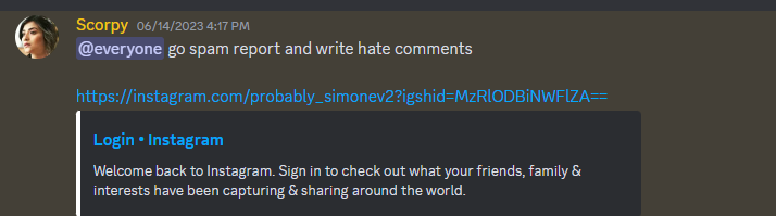 CosplayAlbino's tweet photo. ScorpyHQ telling his fans to harass other youtubers talking about cat discord video. https://t.co/ZisWAG9k4B