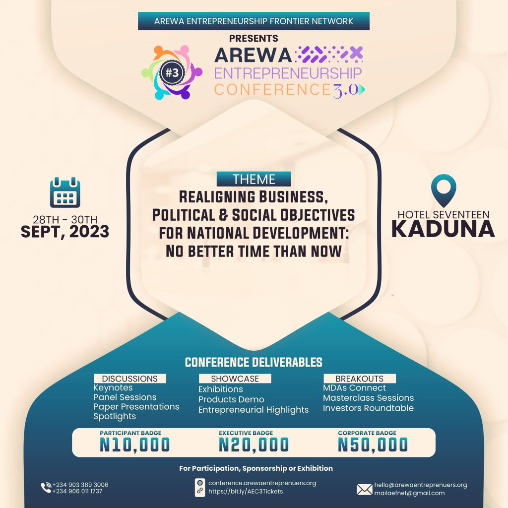 aminukyari's tweet photo. 📢 All systems go for #AEC3.0!
I’m thrilled to announce that everything is set for the biggest entrepreneurship conference in the Northern Nigeria. Get ready for three days of insightful discussions, networking, and innovation.
Don't miss out on this game-changing event! https://t.co/yBQIDKYb7P