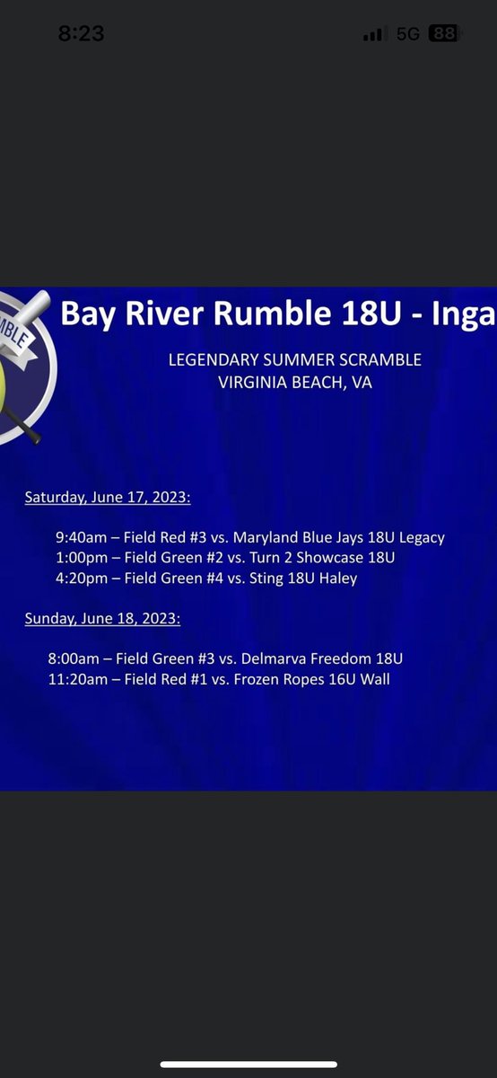Playing to tomorrow at Princess Anne complex in Virginia Beach <a href="/JMUSoftball/">JMU Softball</a> <a href="/lynchburg_sb/">Lynchburg Softball</a> <a href="/RandolphSB/">Randolph College Softball</a> <a href="/vwu_marlins/">Virginia Wesleyan Athletics</a> <a href="/SUHornetsSB/">Shenandoah University Softball</a> <a href="/UVAWiseSB/">UVA WISE SOFTBALL</a> <a href="/Bh2osoftball/">Bridgewater Softball</a>