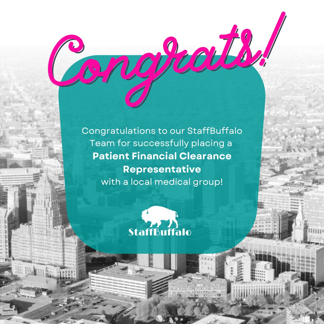 We're thrilled to announce StaffBuffalo has just placed a talented Patient Financial Clearance Representative, ready to empower patients on their financial journey! 

 #NewHire #staffingagency #careergrowth #buffalojobs #staffingsolutions #buffalony @StaffBuffalo  @hr_buffalo