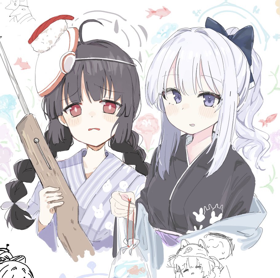 multiple girls fish weapon kimono gun japanese clothes black hair  illustration images