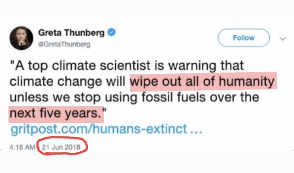 CB618444's tweet photo. On the 5 year tweet anniversary of the  “we’re all gonna die” hoax by the not smarter than a 5th grader climate czar I bring you the 52 second video that blows the lid off this joke for real 👇 https://t.co/GXDUtG1uT7