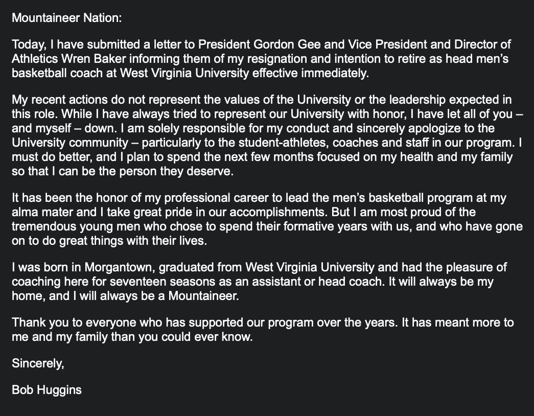 ethanbock_'s tweet photo. A message from Bob Huggins to Mountaineer Nation per release https://t.co/hHPt9bxTyx