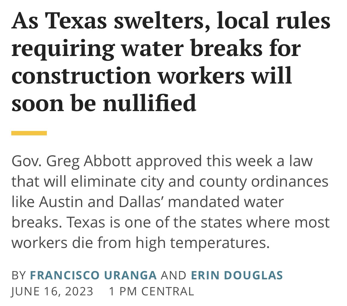 davenewworld_2's tweet image. Why does @GregAbbott_TX hate construction workers? Texas is the state where the most workers die from high temperatures.
texastribune.org/2023/06/16/tex…