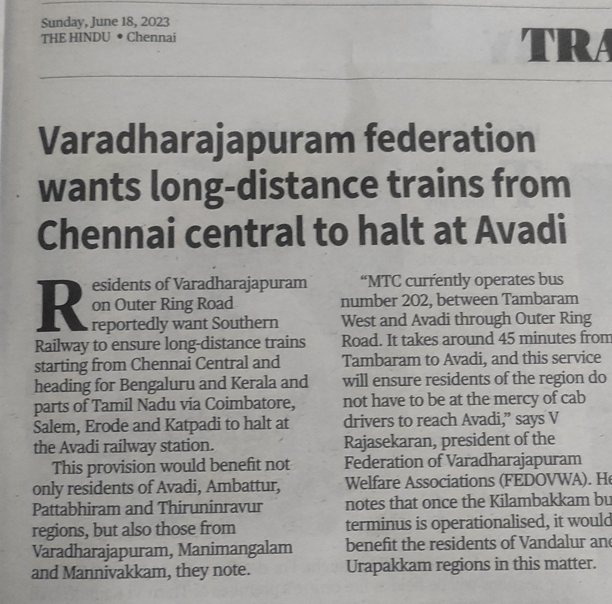 @AshwiniVaishnaw @DrmChennai @GMSRailway @PMOIndia @CMOTamilnadu Article from The Hindu about Express train stop at Avadi railway station it's benefit residents from many locality but reduce traffic in the city when people reach central via taxi cabs