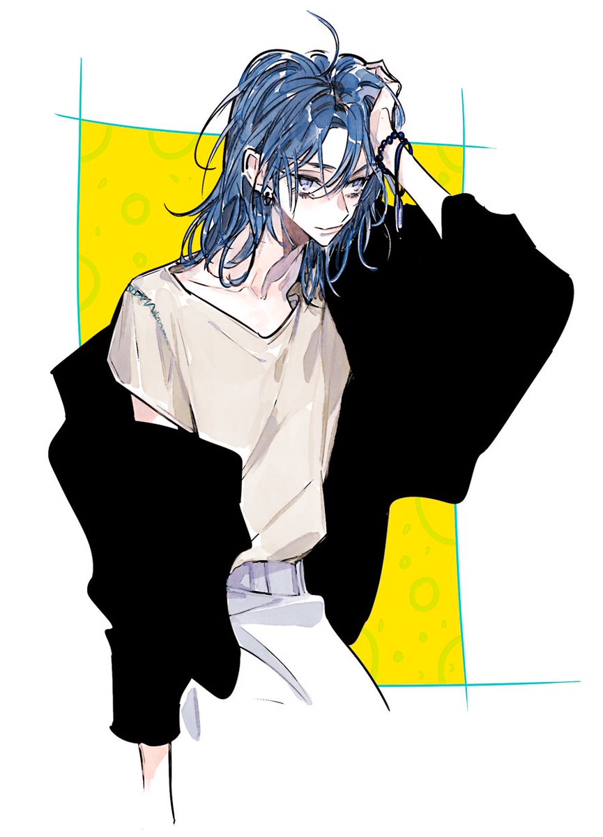 solo 1boy blue hair male focus jewelry shirt jacket  illustration images