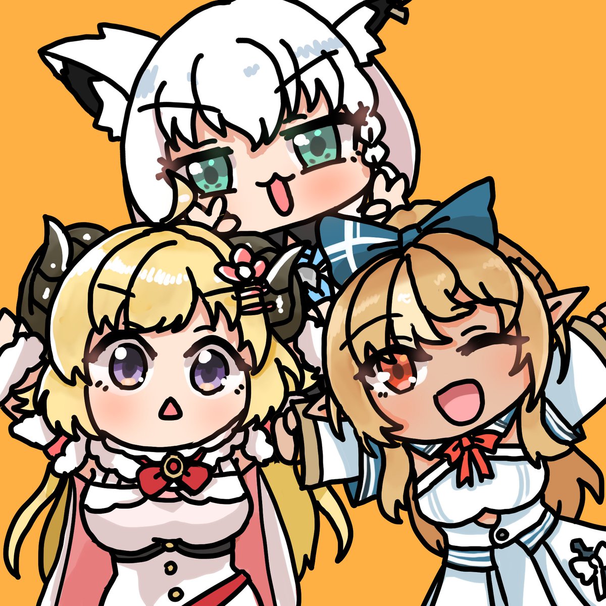 shirakami fubuki ,shiranui flare ,tsunomaki watame 3girls multiple girls animal ears fox ears blonde hair white hair purple eyes  illustration images