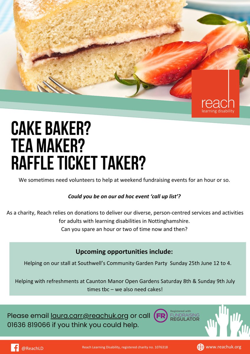reach_ld's tweet photo. Calling cake bakers, tea makers and raffle ticket takers! Sometimes we need a little extra help at fundraising events at evenings and weekends - if you think you could spare an hour or two from time to time, email laura.carr@reachuk.org. https://t.co/ouePyNuqOI