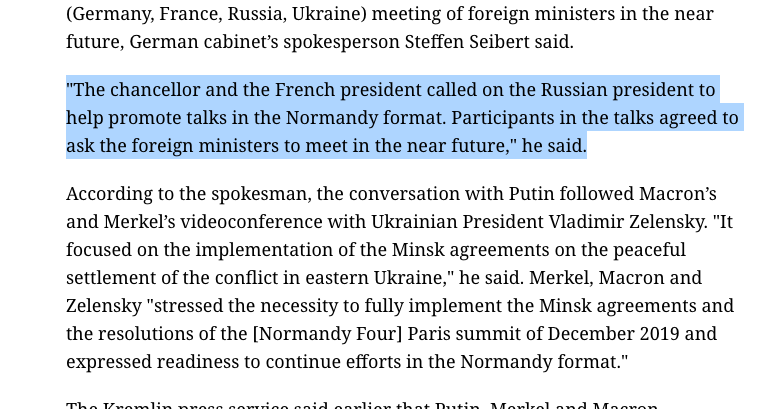 More TASS on the 3-way 10/11/21 call & the videoconference w/Zelensky that preceeded(!) it.

Merkel/Macron/Zelensky stress the importance of Minsk in their call.  This is followed by UA ramping shelling of the East in the next couple months of 2021.
tass.com/world/1348173