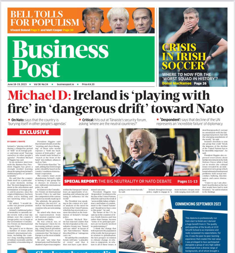 Senior Government figures seem to be more interested in impressing the EU elite in order to support their future job applications rather than reflect the views of the Irish public on #neutrality  
Well said President Higgins… 

@PANAIreland @IrishAntiWarMvt @IrishNeutrality
