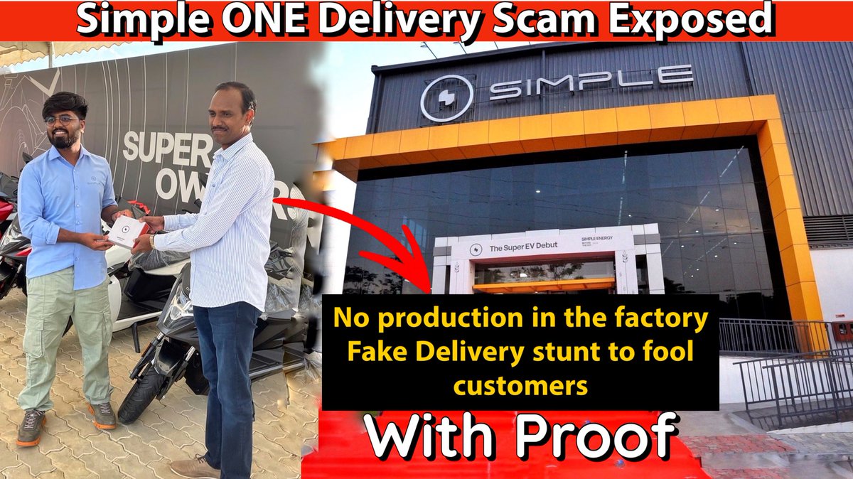 Pradeep M (@pradeeponwheels) on Twitter photo True Reality of Simple Energy and there recent Deliveries is completely fake and now itās exposed. Watch this YouTube video to understand morešš»
youtu.be/sCpvPS7Oe-Y
<a href="/SimpleEnergyEV/">Simple Energy</a> <a href="/suhasrajkumar/">Suhas Rajkumar</a>
#Simpleone #Simpleonefakedelivery #Simpleonescam True Reality of Simple Energy and there recent Deliveries is completely fake and now itās exposed. Watch this YouTube video to understand morešš»
youtu.be/sCpvPS7Oe-Y
<a href="/SimpleEnergyEV/">Simple Energy</a> <a href="/suhasrajkumar/">Suhas Rajkumar</a>
#Simpleone #Simpleonefakedelivery #Simpleonescam