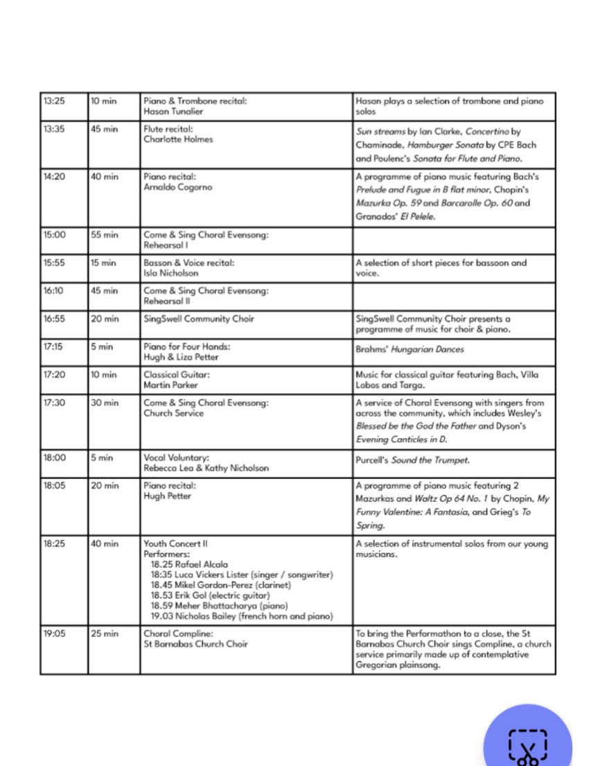 SoSouthfields's tweet photo. The Performathon Schedule is here! So many lovely acts next Saturday 24th @stbarnabasUK  - please do come out and support our performers! @cygnetplayers @SingSwellChoir @MaydaNarvey @TheJanePorter @SusanHolliday0 @mrhigginsmus @cogornomusic_VE @ITattum @kathy1nicholson Please RT https://t.co/gZGbL2qEr3
