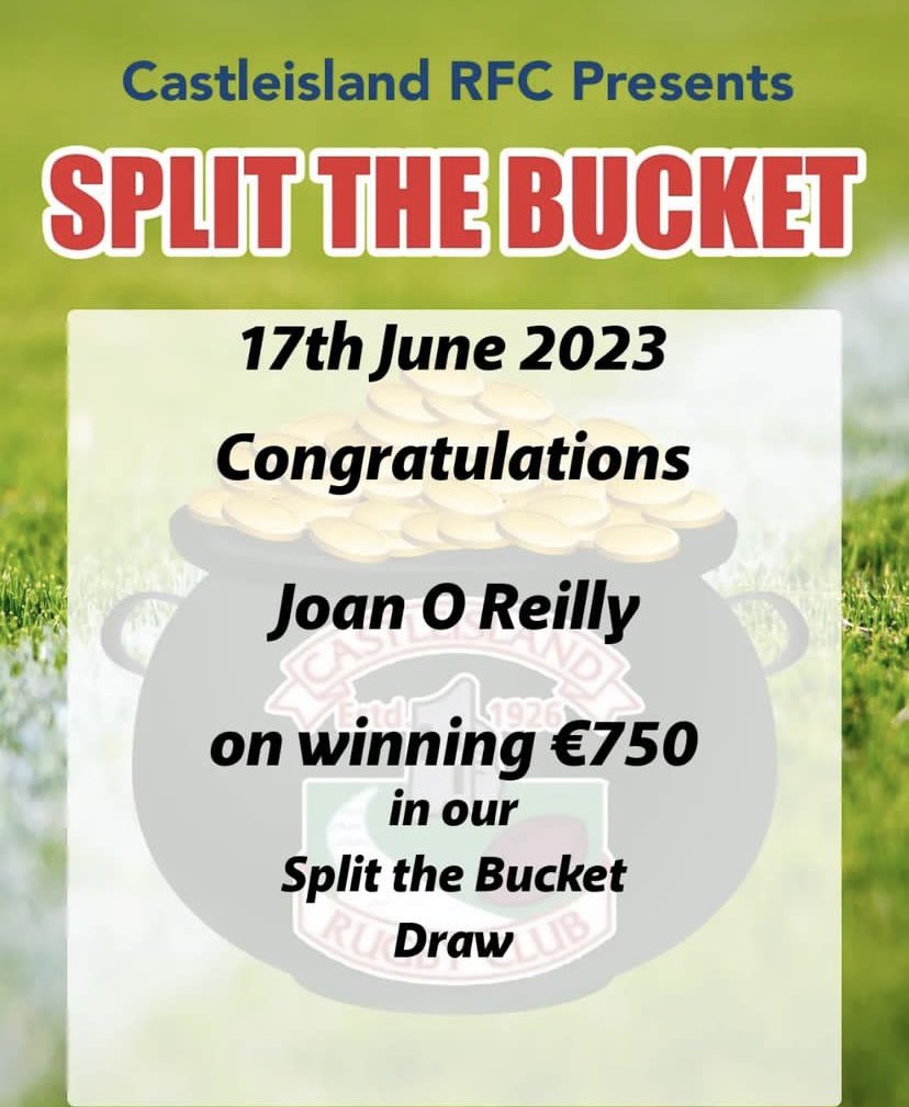 Castleisland-RFC (@castleisland_rc) on Twitter photo Congratulations to Joan on winning this weeks Split The Bucket. This weeks draw took place in Fagins Bar. 
As always, thank you for supporting our club initiative. 
#STB #SPLITTHEBUCKET #CRFC Congratulations to Joan on winning this weeks Split The Bucket. This weeks draw took place in Fagins Bar. 
As always, thank you for supporting our club initiative. 
#STB #SPLITTHEBUCKET #CRFC