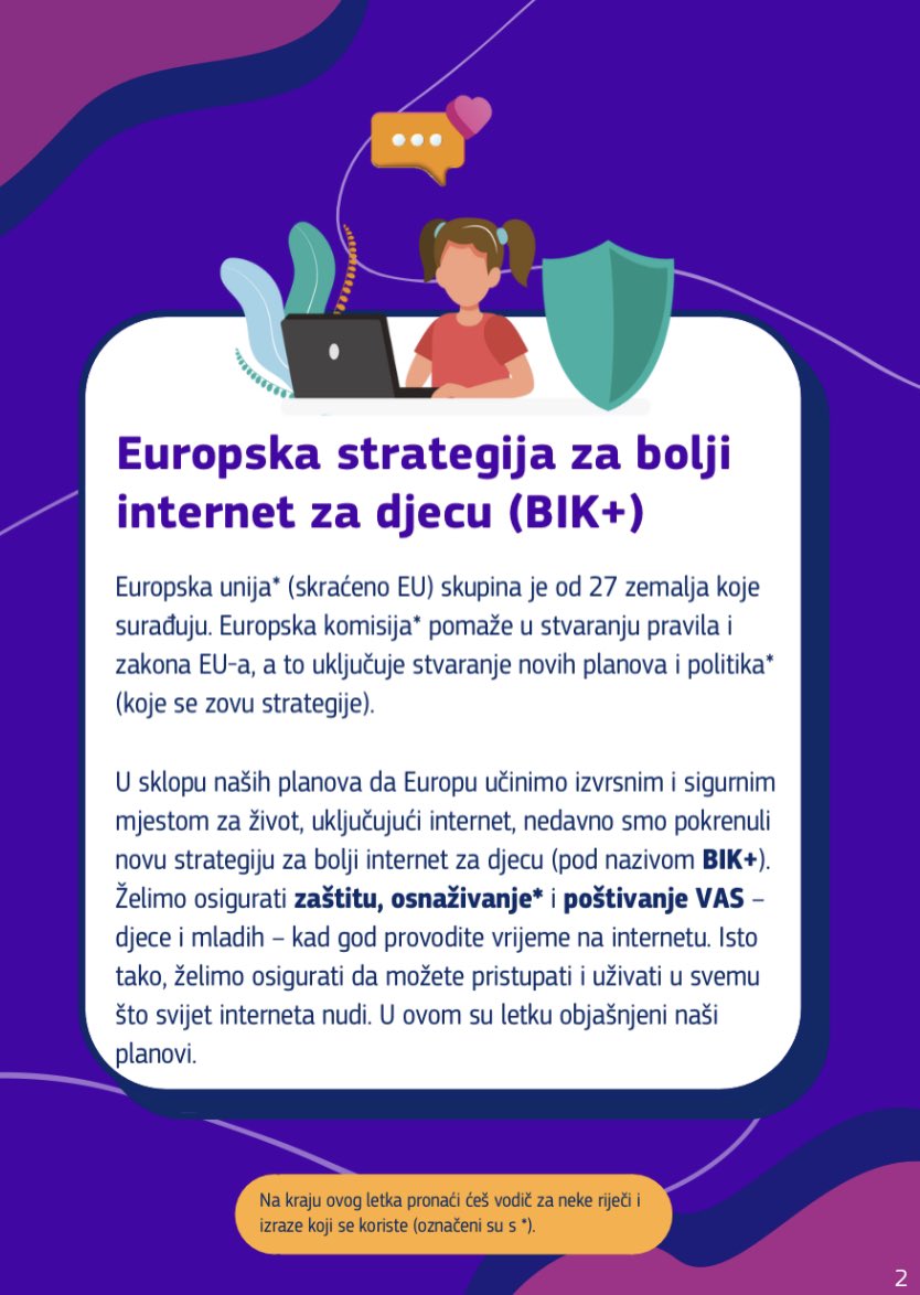 Kako se europskom strategijom za bolji internet za djecu #BIKplus nastoji poboljšati njihovo internetsko iskustvo, u okruženju u kojem se osjećaju sigurno te ih se potiče da uče, igraju se, dijele i gledaju sadržaj, povezuju se i izražavaju.

👉 europa.eu/!wqYV6V