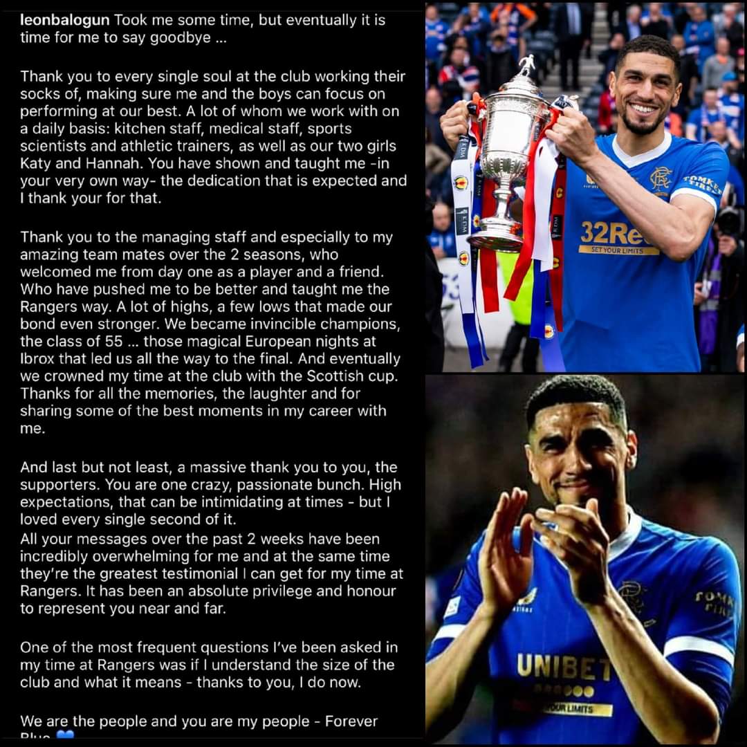 🗓️ #OnThisDay 2️⃣0️⃣2️⃣2️⃣ : Leon Balogun pens a poignant goodbye to #Rangers after being released by the Club. He won 1 Title, 1 Scottish Cup and was a #UEL Finalist. He signed off with 'We Are The People and you are my people, forever Blue'. He's since been back to Ibrox as a fan.