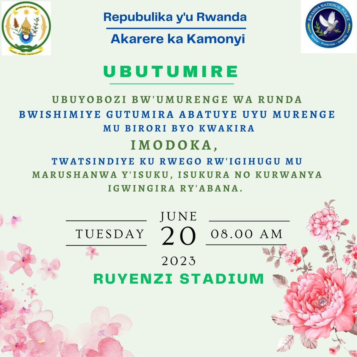 Kamonyi's tweet photo. UBUTUMIRE BWO KWAKIRA IGIHEMBO CY'IMODOKA AKARERE KATSINDIYE. NI AMARUSHANWA KU ISUKU NO KURWANYA IGWINGIRA RY'ABANA YATEGUWE KU BUFATANYE NA @Rwandapolice. UMURENGE WA RUNDA NIWO WAHIZE IYINDI MU GIHUGU. IBIRORI NI KUWA KABIRI TARIKI 20/06/2023 KURI STADE RUYENZI @RwandaLocalGov https://t.co/Ft7P8UJGf9